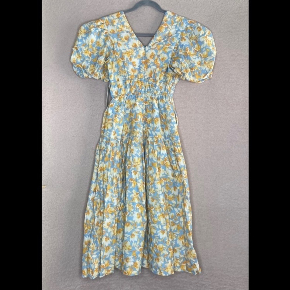 NEW Tuckernuck Puff Sleeve Midi Dress Women XXS Blue/Orange Floral HyacinthHouse - Picture 4 of 11